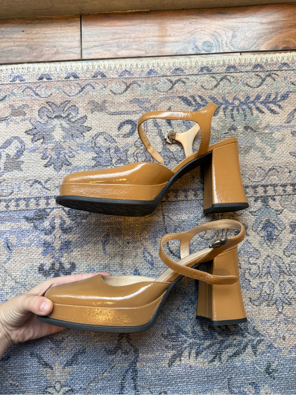 Coach Patent Platform Heeled Sandals in Tan